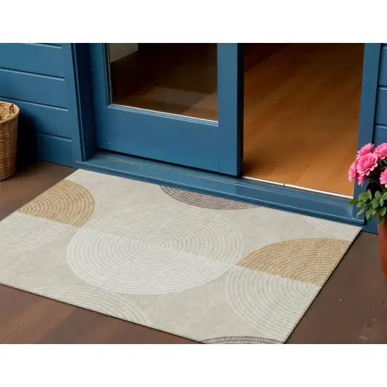Beige And Ivory Geometric Washable Indoor Outdoor Area Rug Photo 1