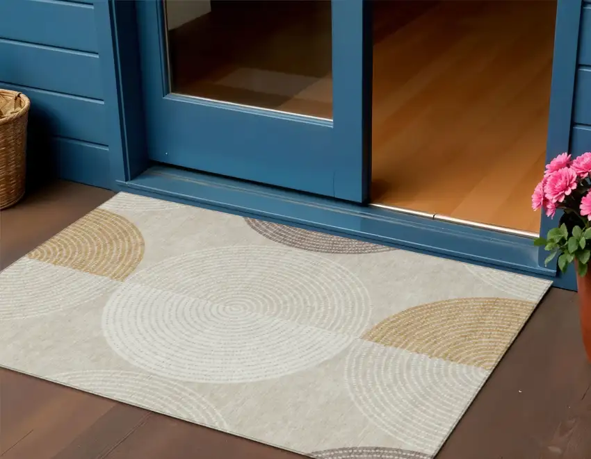 Beige And Ivory Geometric Washable Indoor Outdoor Area Rug Photo 1