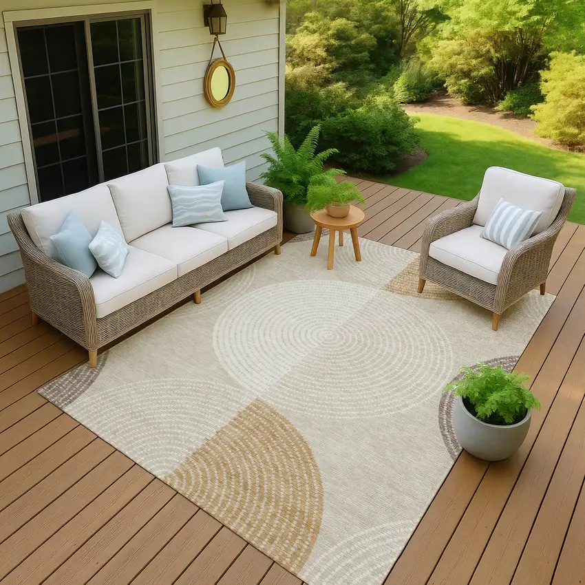 Beige And Ivory Geometric Washable Indoor Outdoor Area Rug Photo 9