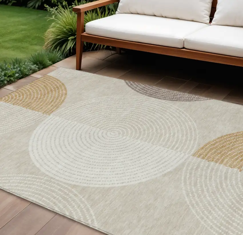 Beige And Ivory Geometric Washable Indoor Outdoor Area Rug Photo 1
