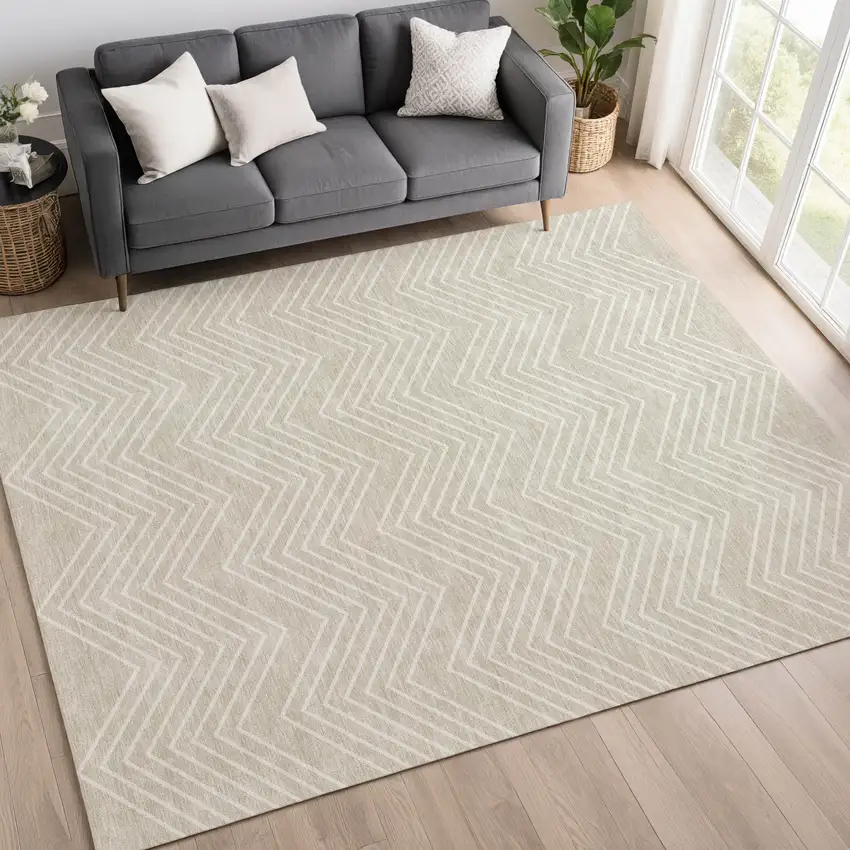 Beige And Ivory Geometric Washable Indoor Outdoor Area Rug Photo 5