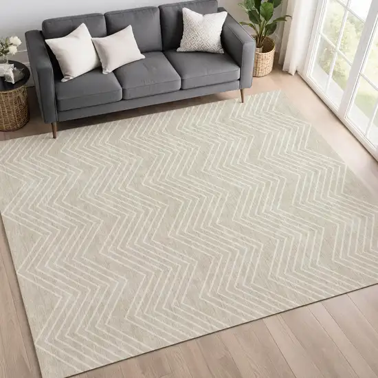 Beige And Ivory Geometric Washable Indoor Outdoor Area Rug Photo 5