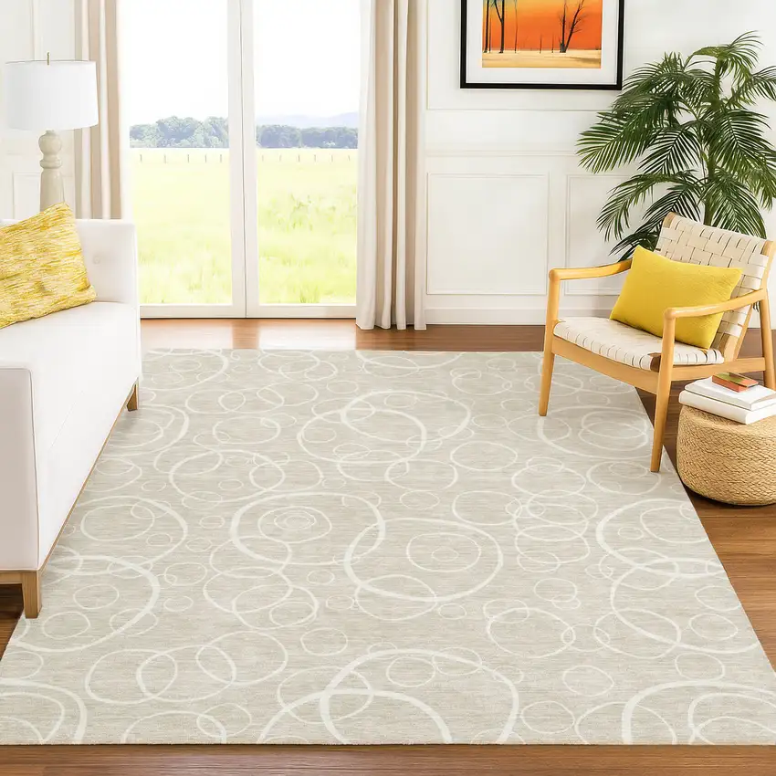 Beige And Ivory Geometric Washable Indoor Outdoor Area Rug Photo 4