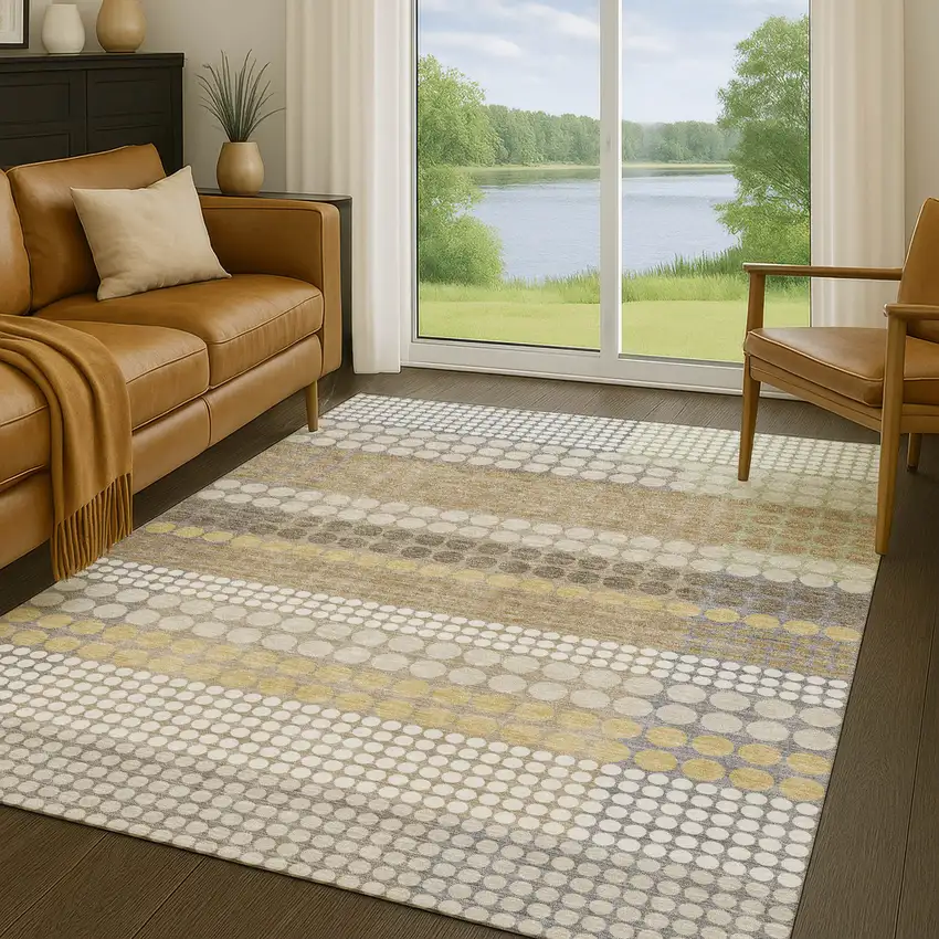 Beige And Ivory Geometric Washable Indoor Outdoor Area Rug Photo 5
