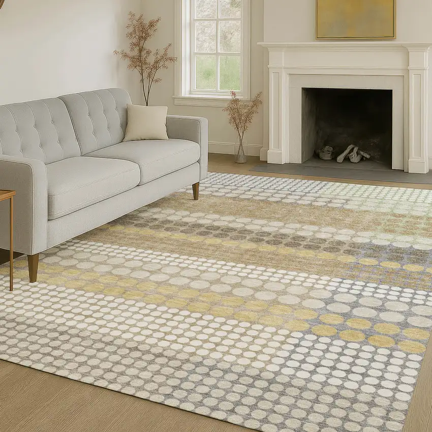 Beige And Ivory Geometric Washable Indoor Outdoor Area Rug Photo 6
