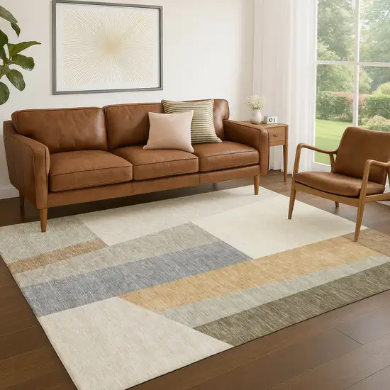 Beige And Ivory Geometric Washable Indoor Outdoor Area Rug Photo 5