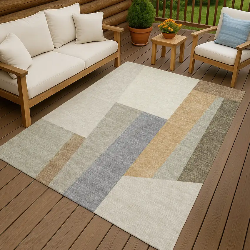 Beige And Ivory Geometric Washable Indoor Outdoor Area Rug Photo 4