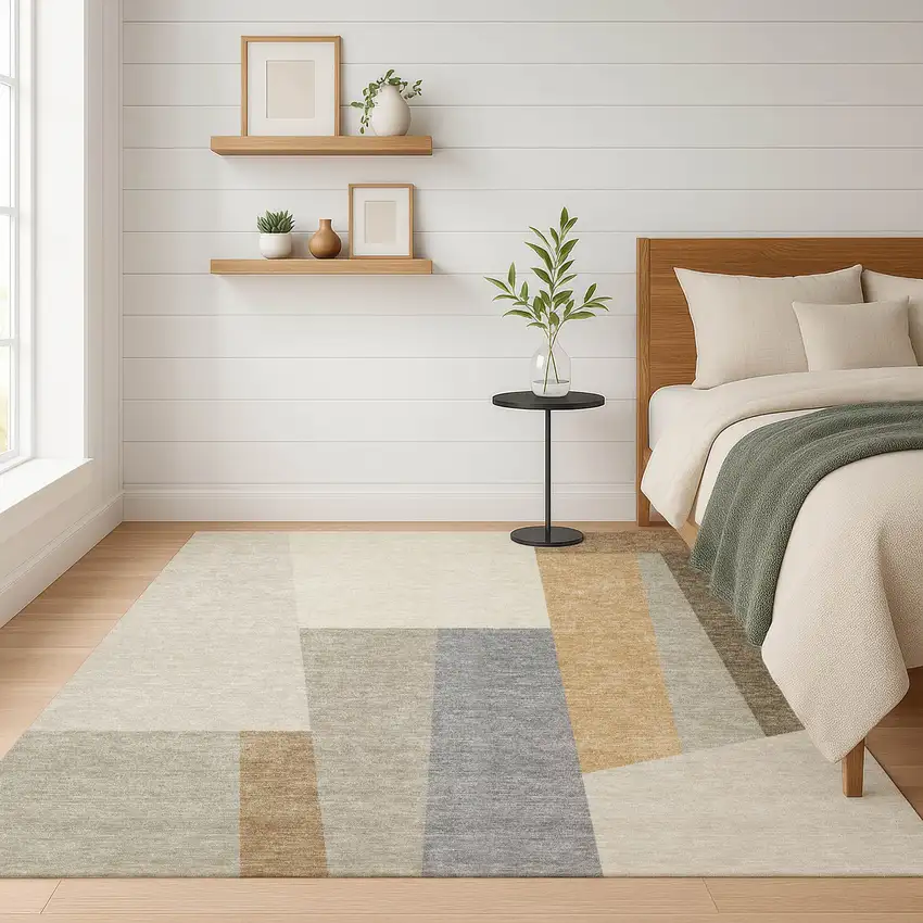 Beige And Ivory Geometric Washable Indoor Outdoor Area Rug Photo 6