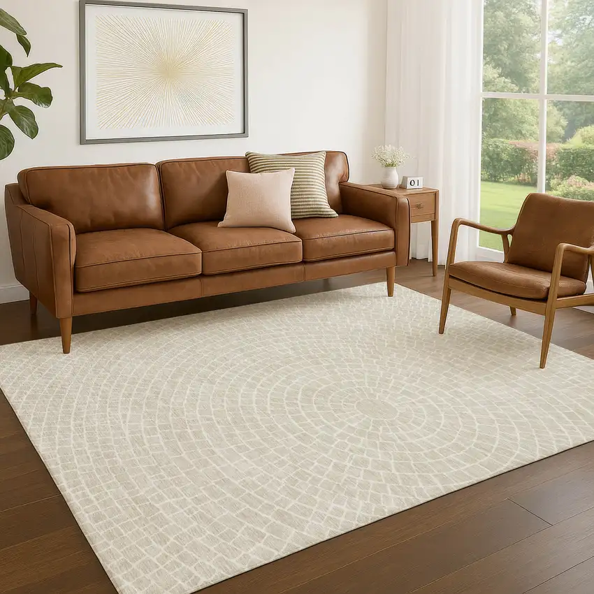 Beige And Ivory Geometric Washable Indoor Outdoor Area Rug Photo 5