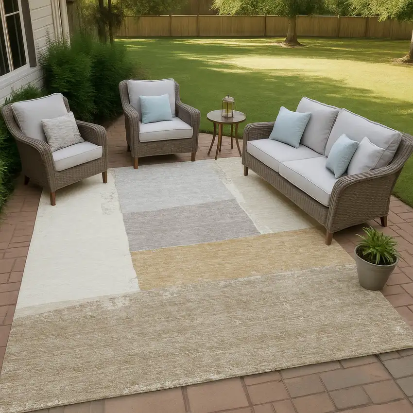 Beige And Ivory Geometric Washable Indoor Outdoor Area Rug Photo 4