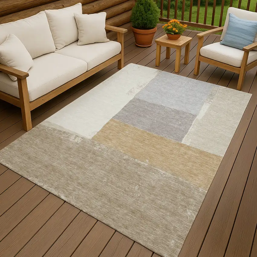 Beige And Ivory Geometric Washable Indoor Outdoor Area Rug Photo 7
