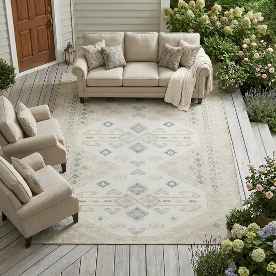 Beige And Ivory Geometric Washable Indoor Outdoor Area Rug Photo 1