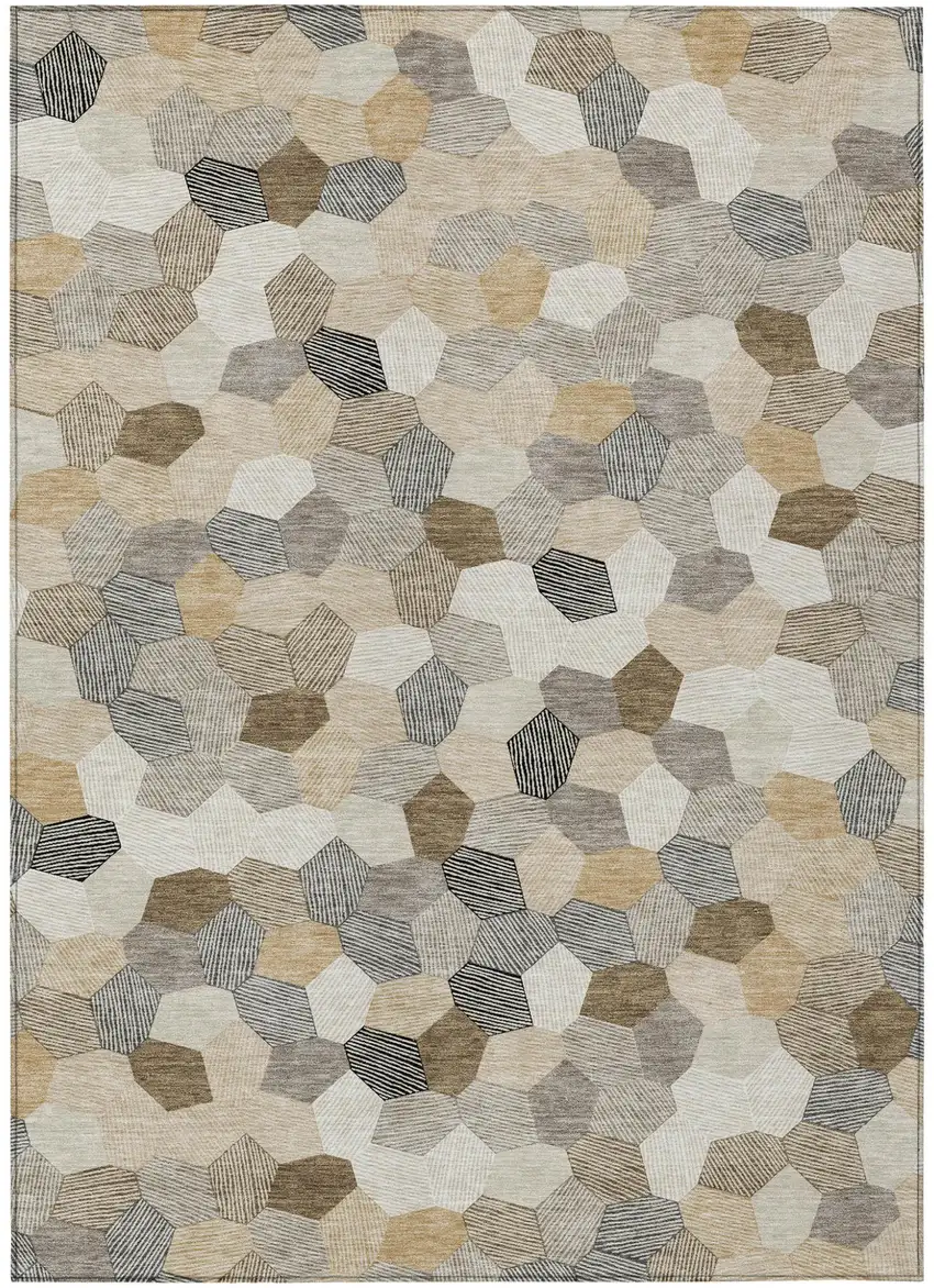 Beige And Ivory Geometric Washable Indoor Outdoor Area Rug Photo 1