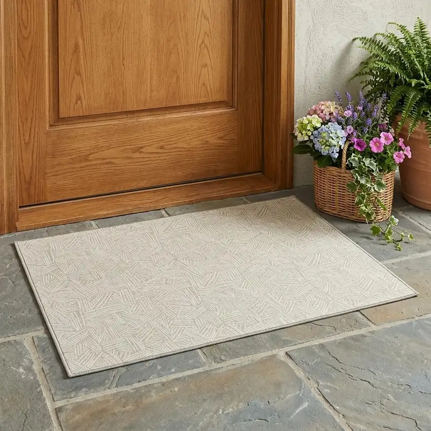Beige And Ivory Geometric Washable Indoor Outdoor Area Rug Photo 1
