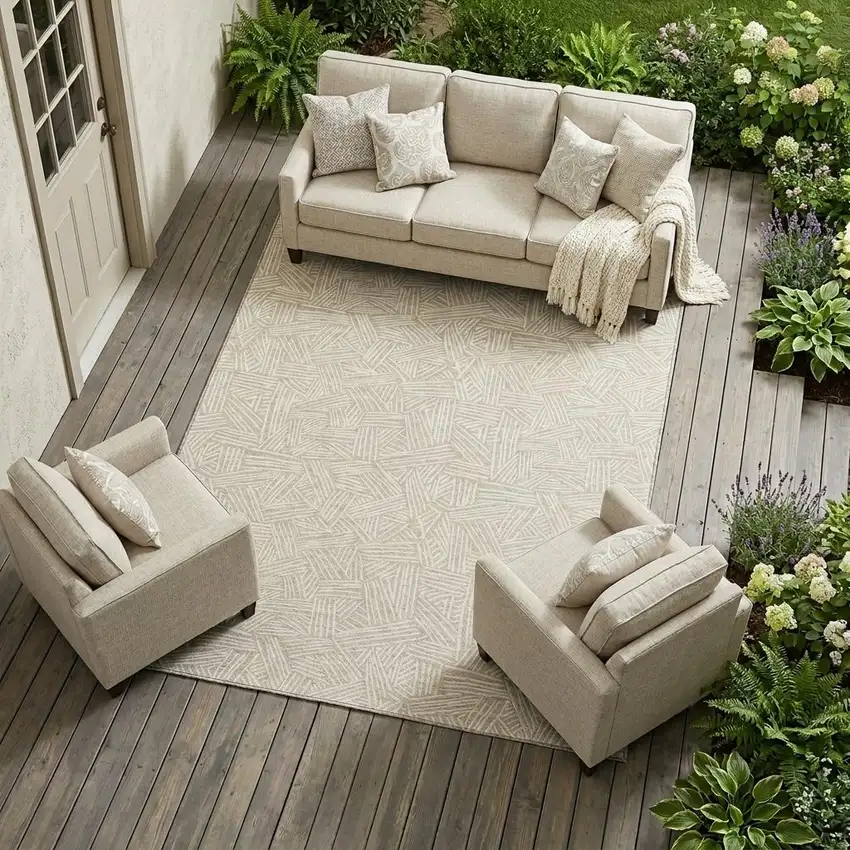 Beige And Ivory Geometric Washable Indoor Outdoor Area Rug Photo 1