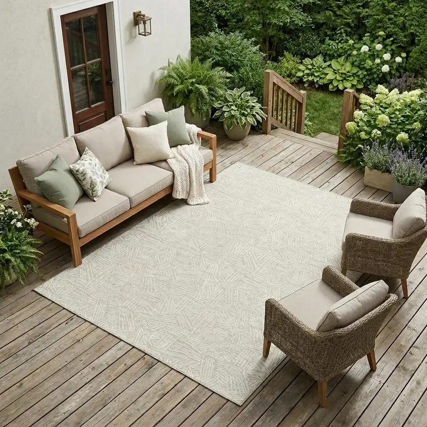 Beige And Ivory Geometric Washable Indoor Outdoor Area Rug Photo 1