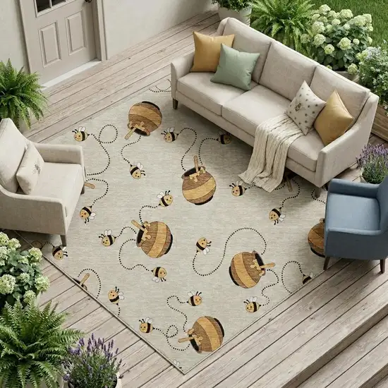 Beige And Ivory Geometric Washable Indoor Outdoor Area Rug Photo 1