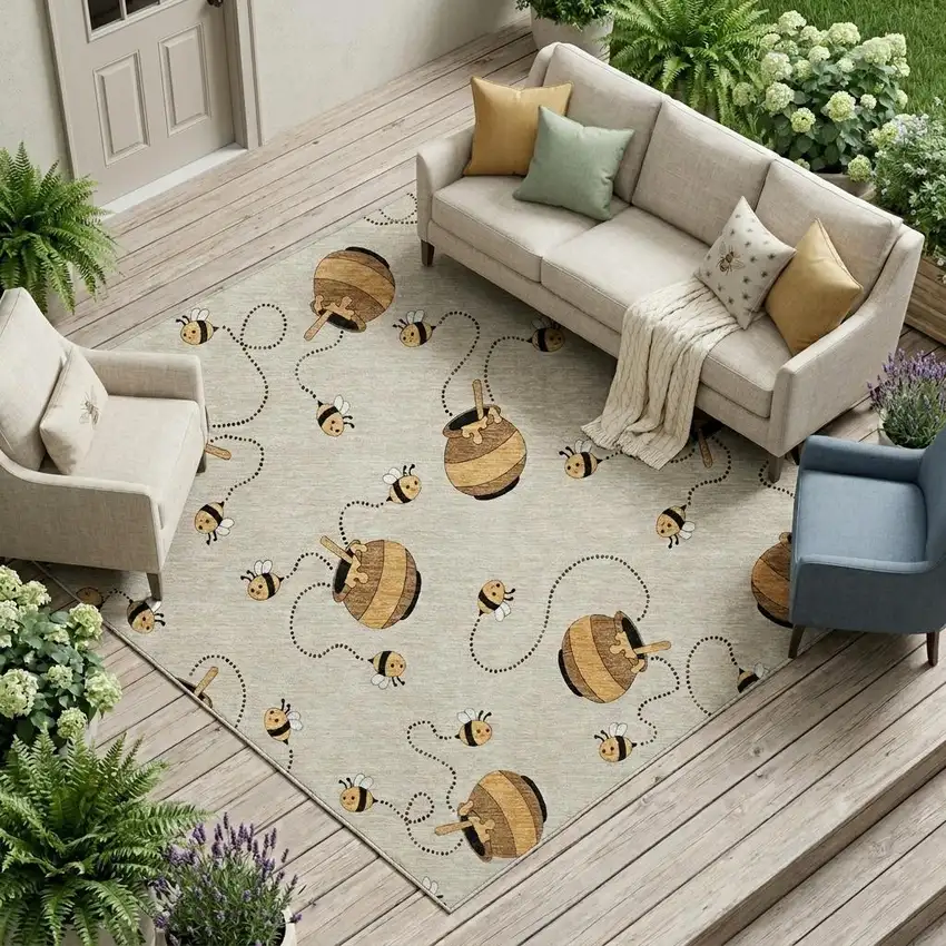 Beige And Ivory Geometric Washable Indoor Outdoor Area Rug Photo 1
