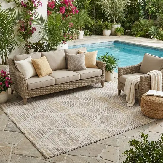 Beige And Ivory Geometric Washable Indoor Outdoor Area Rug Photo 1