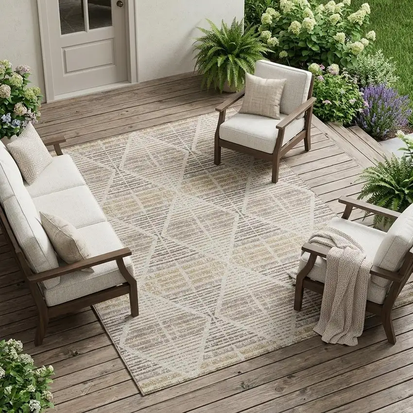Beige And Ivory Geometric Washable Indoor Outdoor Area Rug Photo 1