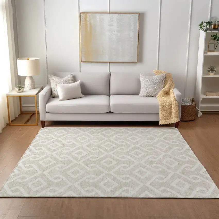 Beige And Ivory Geometric Washable Indoor Outdoor Area Rug Photo 7