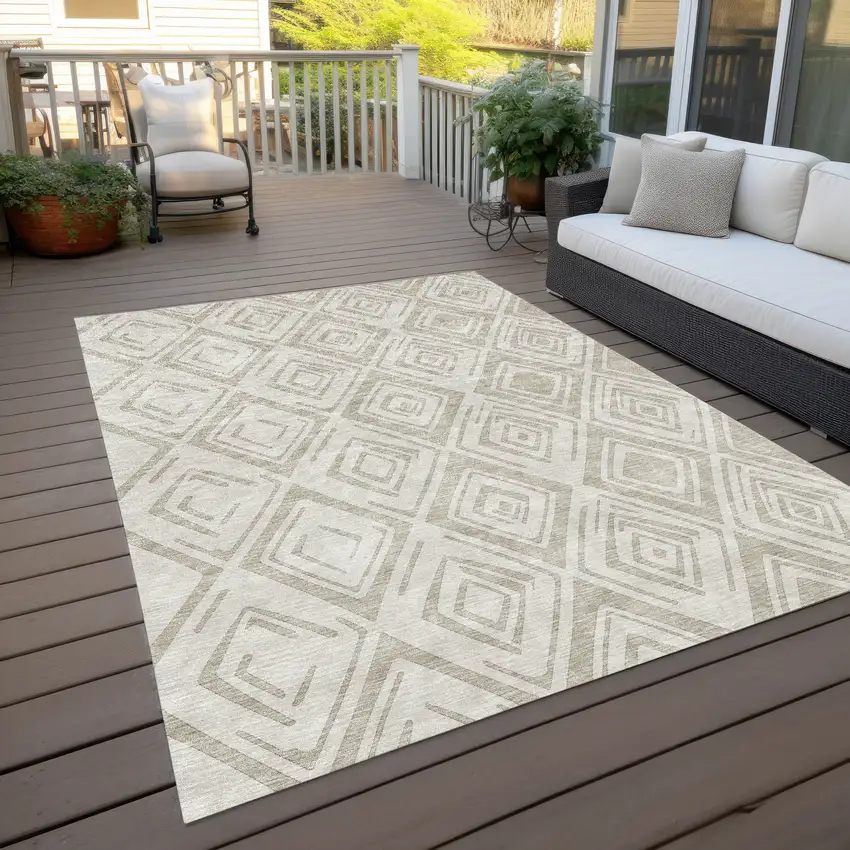 Beige And Ivory Geometric Washable Indoor Outdoor Area Rug Photo 9