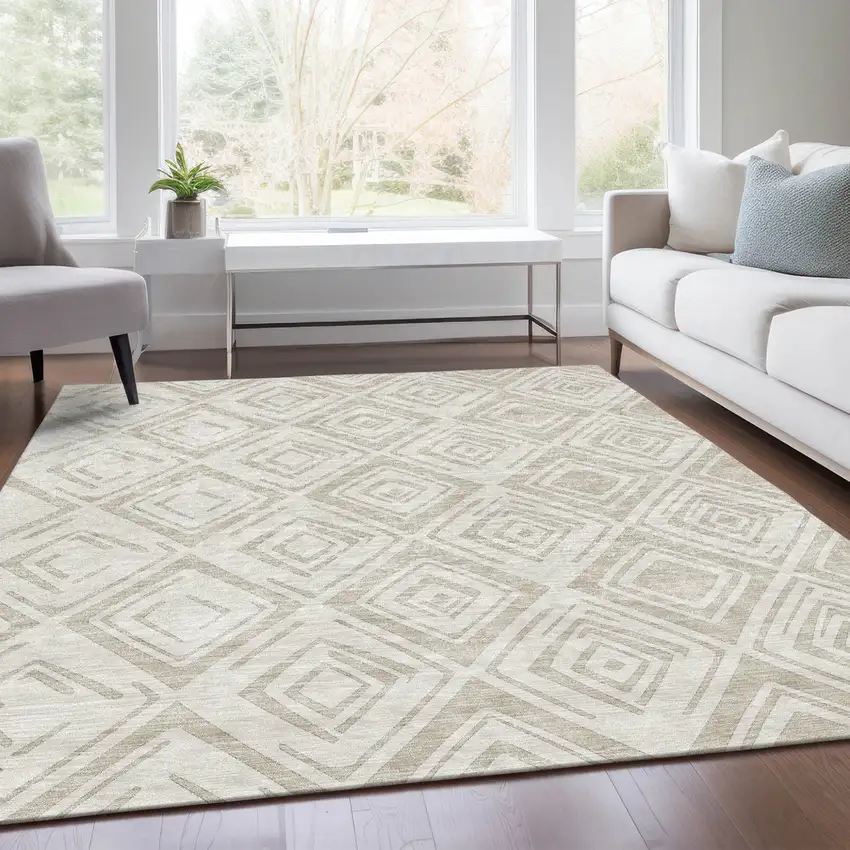 Beige And Ivory Geometric Washable Indoor Outdoor Area Rug Photo 6