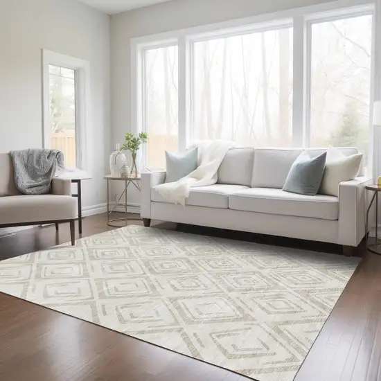 Beige And Ivory Geometric Washable Indoor Outdoor Area Rug Photo 7