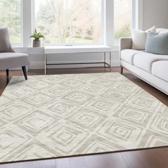 Beige And Ivory Geometric Washable Indoor Outdoor Area Rug Photo 7
