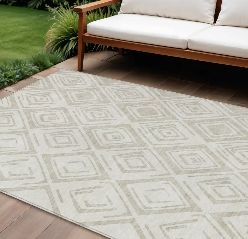 Beige And Ivory Geometric Washable Indoor Outdoor Area Rug Photo 1