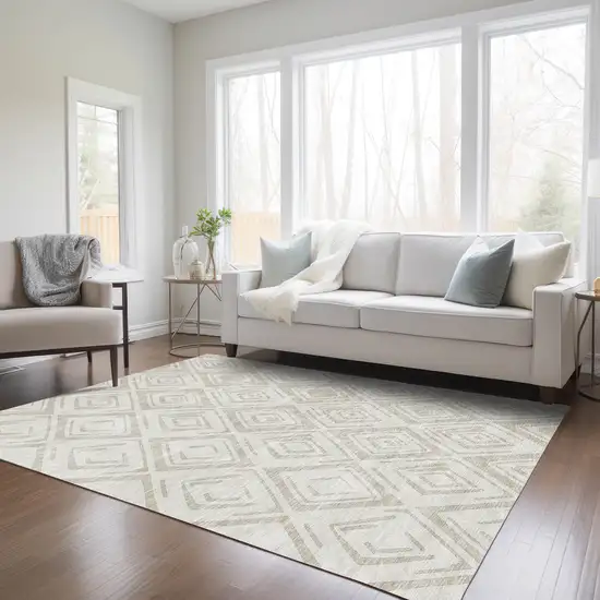 Beige And Ivory Geometric Washable Indoor Outdoor Area Rug Photo 8