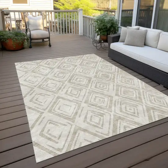 Beige And Ivory Geometric Washable Indoor Outdoor Area Rug Photo 9