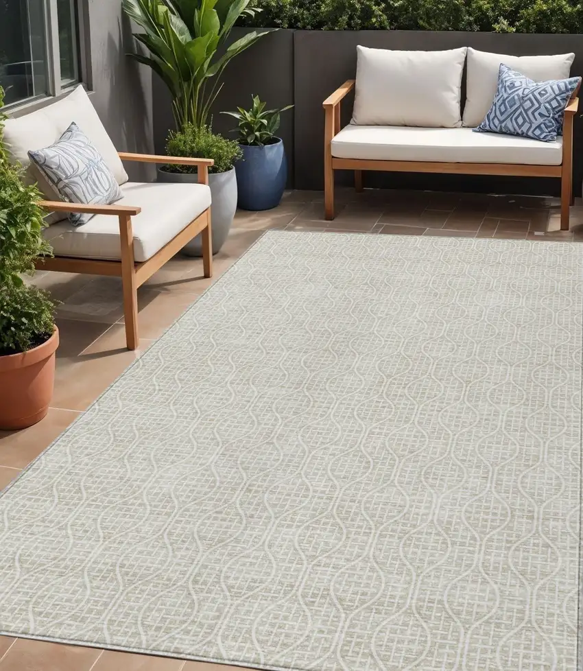 Beige And Ivory Geometric Washable Indoor Outdoor Area Rug Photo 1