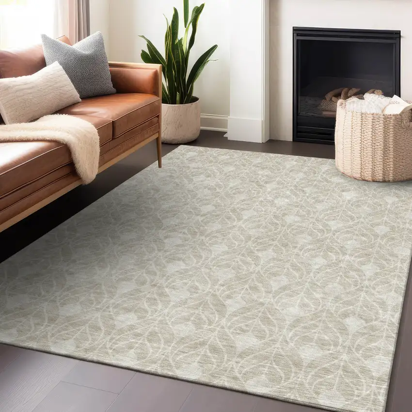 Beige And Ivory Geometric Washable Indoor Outdoor Area Rug Photo 8