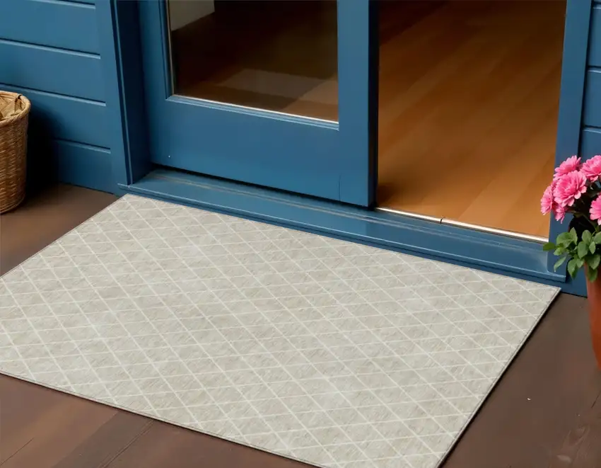 Beige And Ivory Geometric Washable Indoor Outdoor Area Rug Photo 1