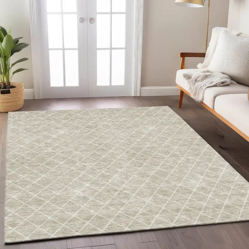 Beige And Ivory Geometric Washable Indoor Outdoor Area Rug Photo 9