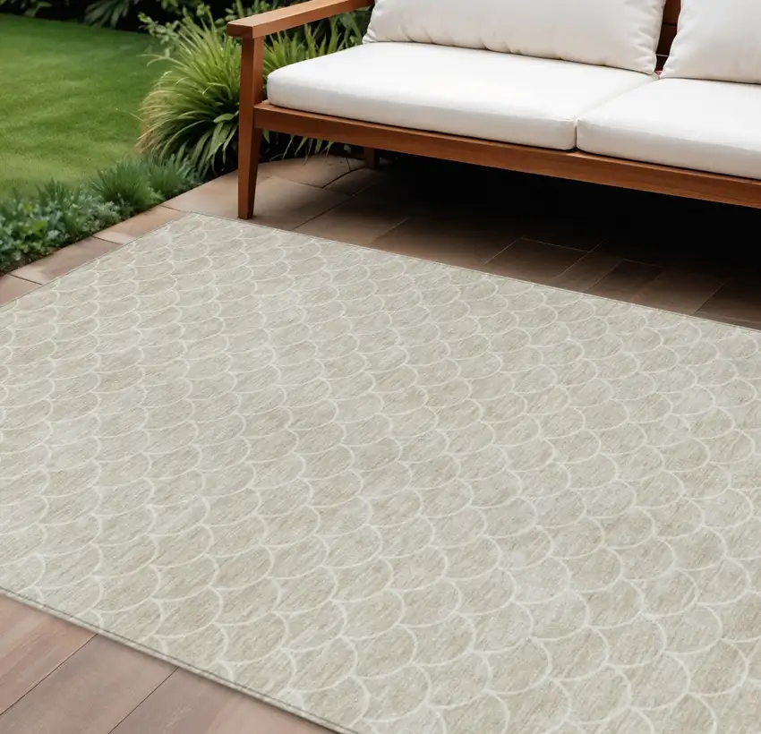 Beige And Ivory Geometric Washable Indoor Outdoor Area Rug Photo 1