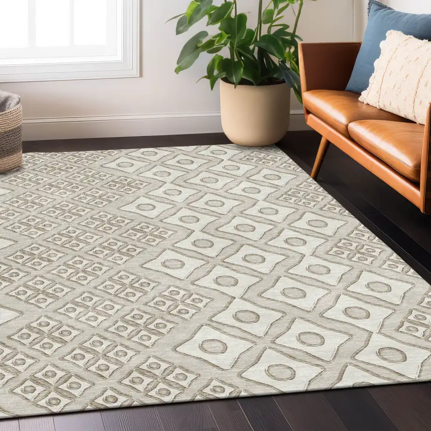 Beige And Ivory Geometric Washable Indoor Outdoor Area Rug Photo 9