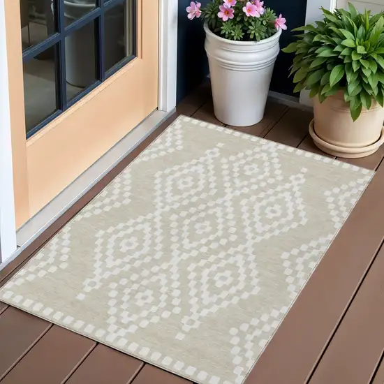 Beige And Ivory Geometric Washable Indoor Outdoor Area Rug Photo 1
