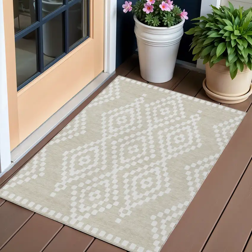 Beige And Ivory Geometric Washable Indoor Outdoor Area Rug Photo 1