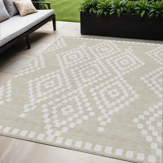 Beige And Ivory Geometric Washable Indoor Outdoor Area Rug Photo 1