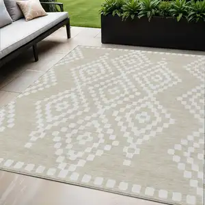 Photo of Beige And Ivory Geometric Washable Indoor Outdoor Area Rug