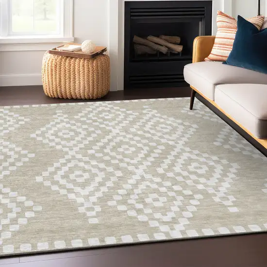 Beige And Ivory Geometric Washable Indoor Outdoor Area Rug Photo 9