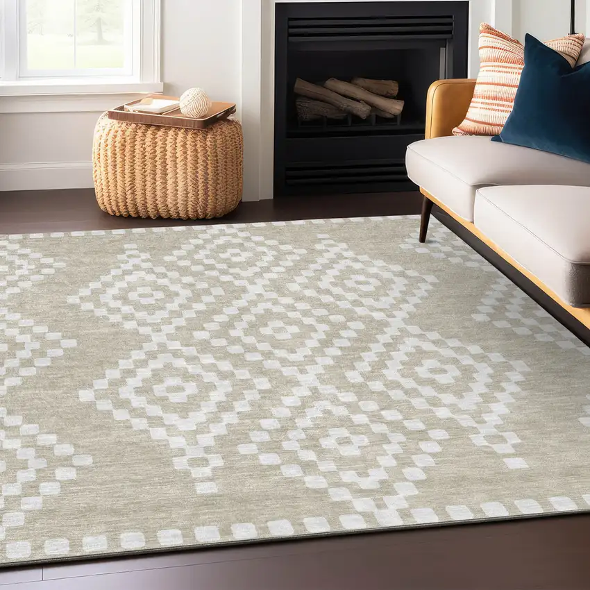 Beige And Ivory Geometric Washable Indoor Outdoor Area Rug Photo 9