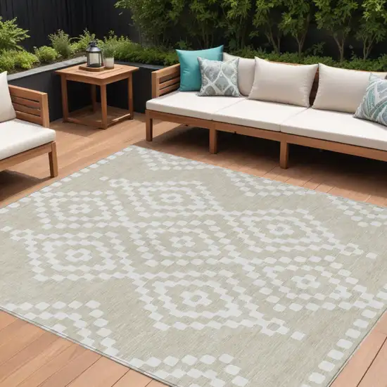 Beige And Ivory Geometric Washable Indoor Outdoor Area Rug Photo 1