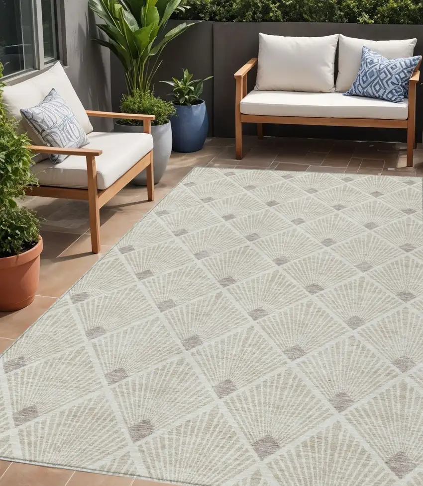 Beige And Ivory Geometric Washable Indoor Outdoor Area Rug Photo 1