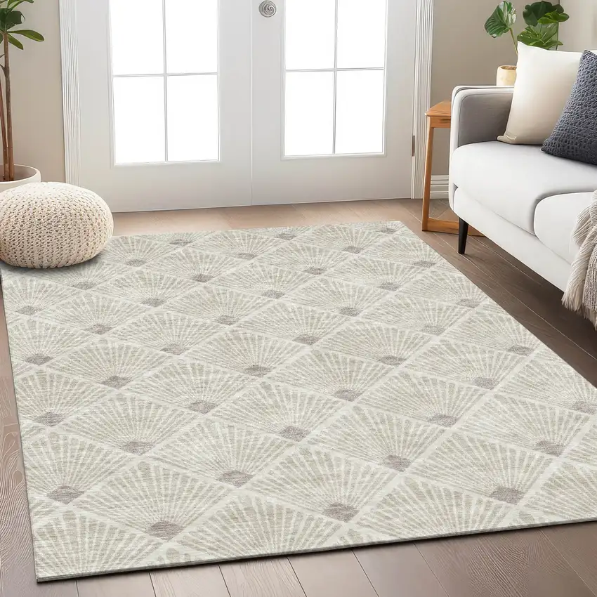 Beige And Ivory Geometric Washable Indoor Outdoor Area Rug Photo 9