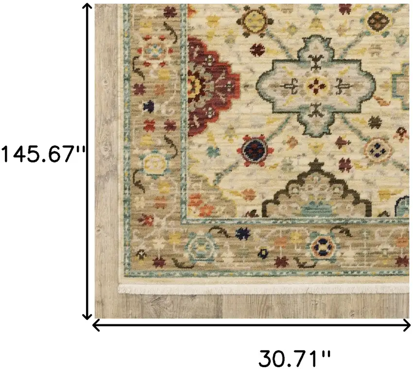 Beige And Ivory Oriental Power Loom Runner Rug With Fringe Photo 10