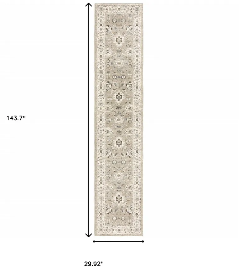 Beige And Ivory Oriental Power Loom Runner Rug Photo 5
