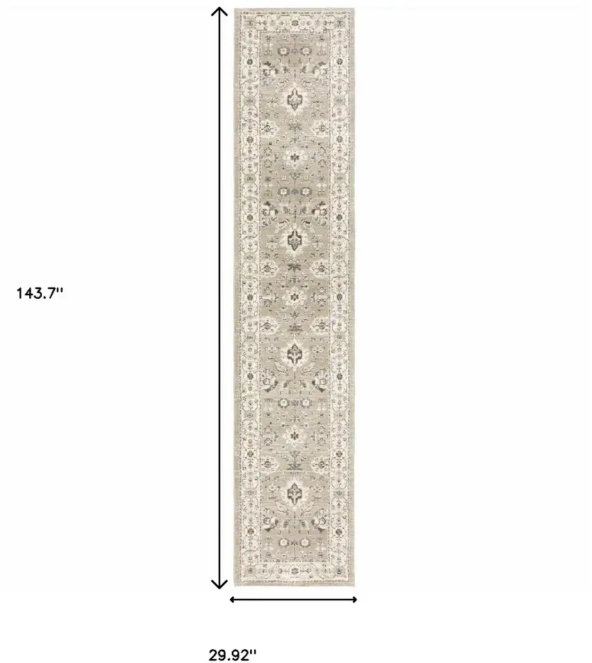 Beige And Ivory Oriental Power Loom Runner Rug Photo 6